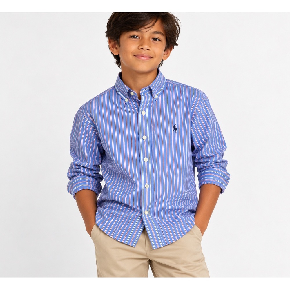 Ralph Lauren Boys Shirt Striped Cotton Button Down Preppy Classic Blue Orange M